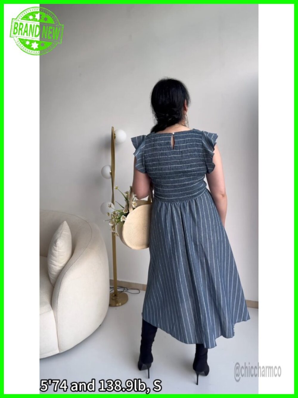 Cotton Linen Midi Dress with Pockets Square Neck Flutter Sleeve Boho - Picture 6 of 7